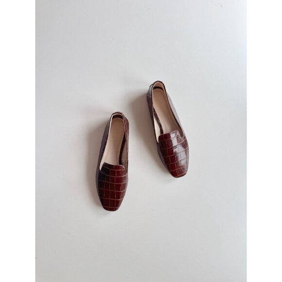 ZARA Chocolate Brown Croc Embossed Faux Leather Slipper Loafers, Size 36 - Picture 2 of 14